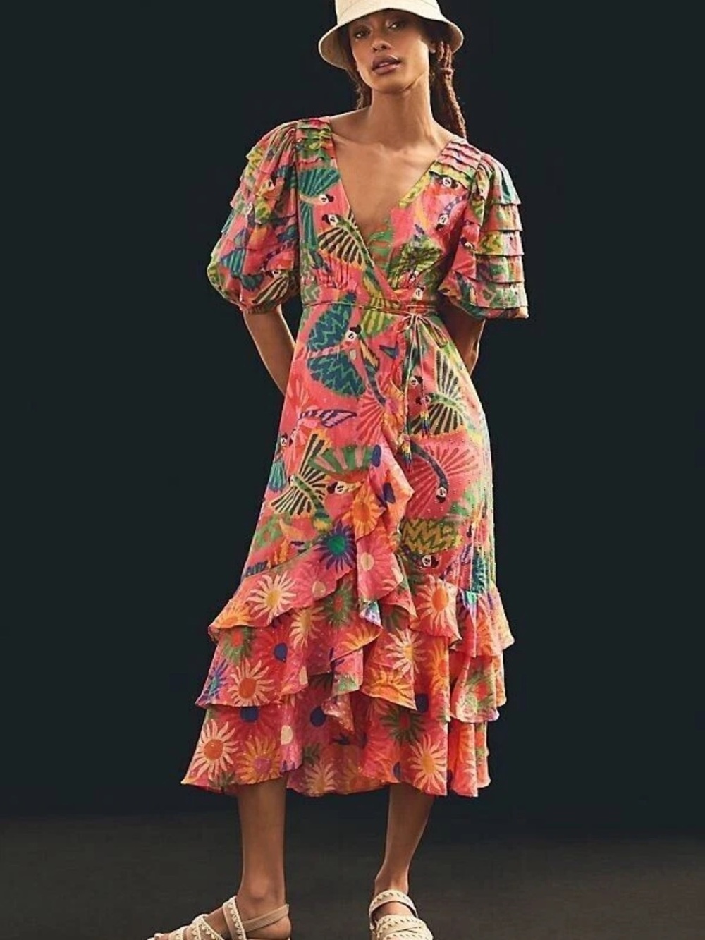 x Farm Rio New Anthropologie Macaw Ruffled Wrap Dress Coral size XS NWT